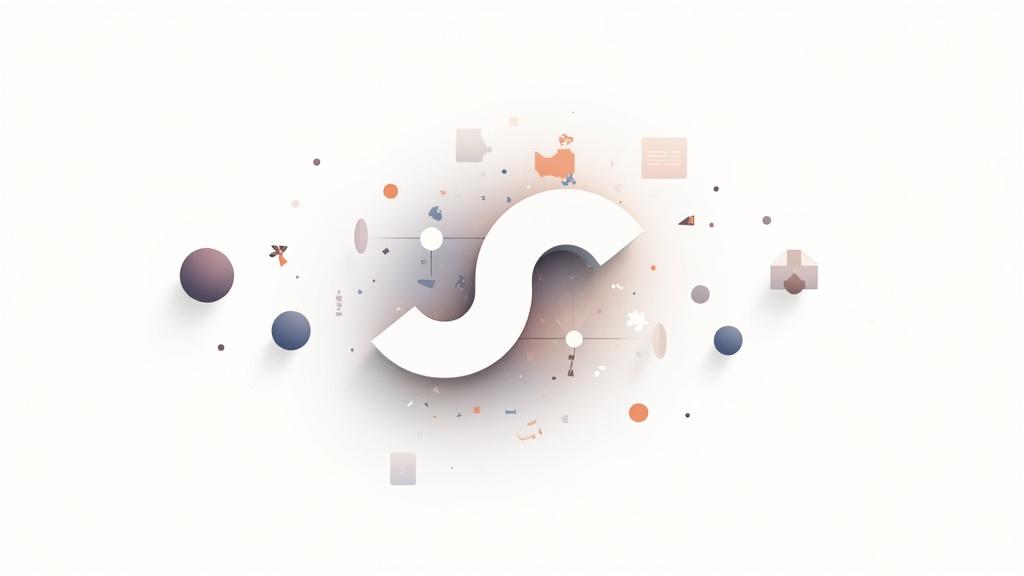 Abstract illustration of interlocked gears and elements representing complex brand identity with brand colors