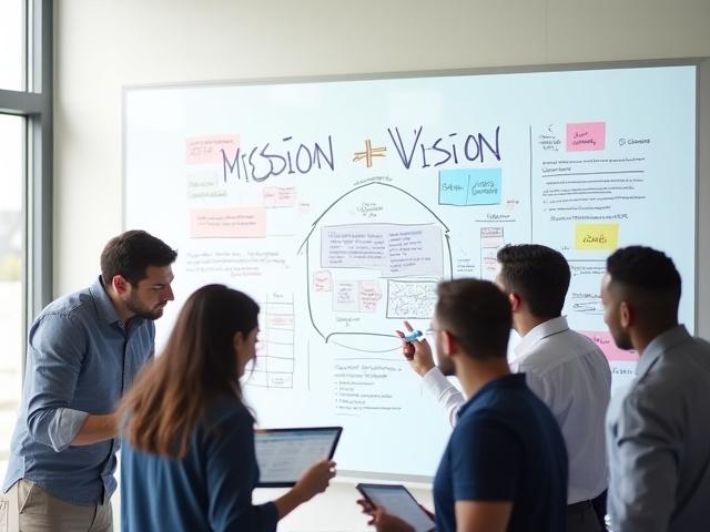 People collaborating around a whiteboard with strategy concepts, representing mission and vision brainstorming