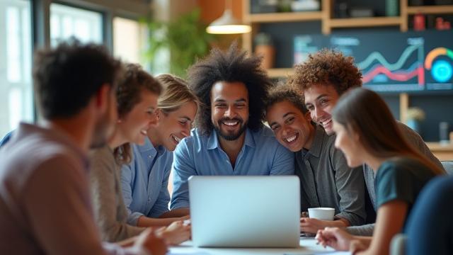 A diverse group of people collaborating on a laptop, illustrating digital marketing strategy.