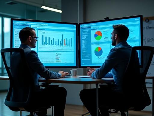 Marketers analyzing digital marketing data and analytics on multiple screens.