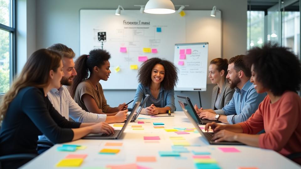 Creative content marketing team brainstorming ideas, with a whiteboard, laptop, and colorful sticky notes.