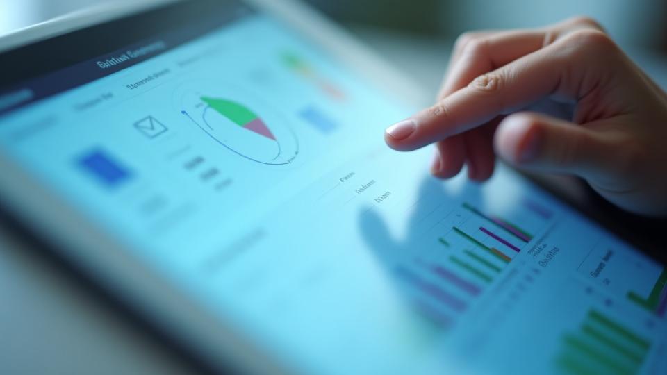 Email marketing campaign dashboard on a tablet, showing open rates and conversions, with a hand tapping the screen.