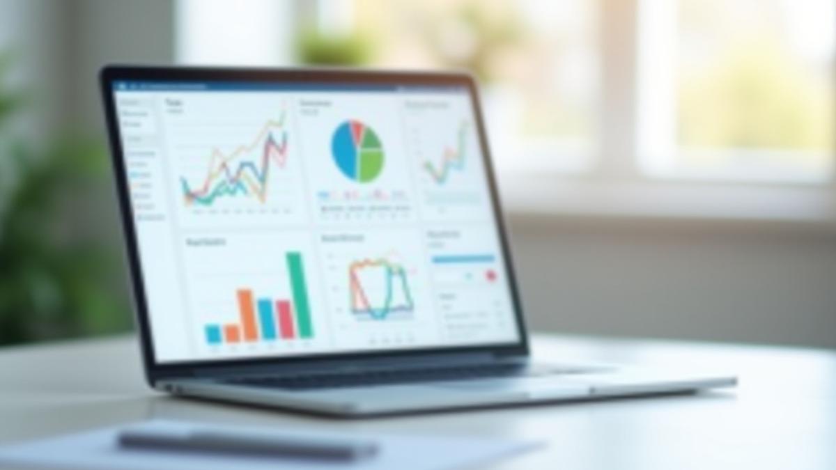 Laptop displaying digital marketing analytics with growth charts and small business owners interacting.