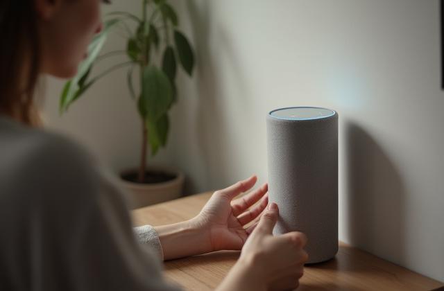 Person interacting with a smart speaker, illustrating voice user interface and conversational AI